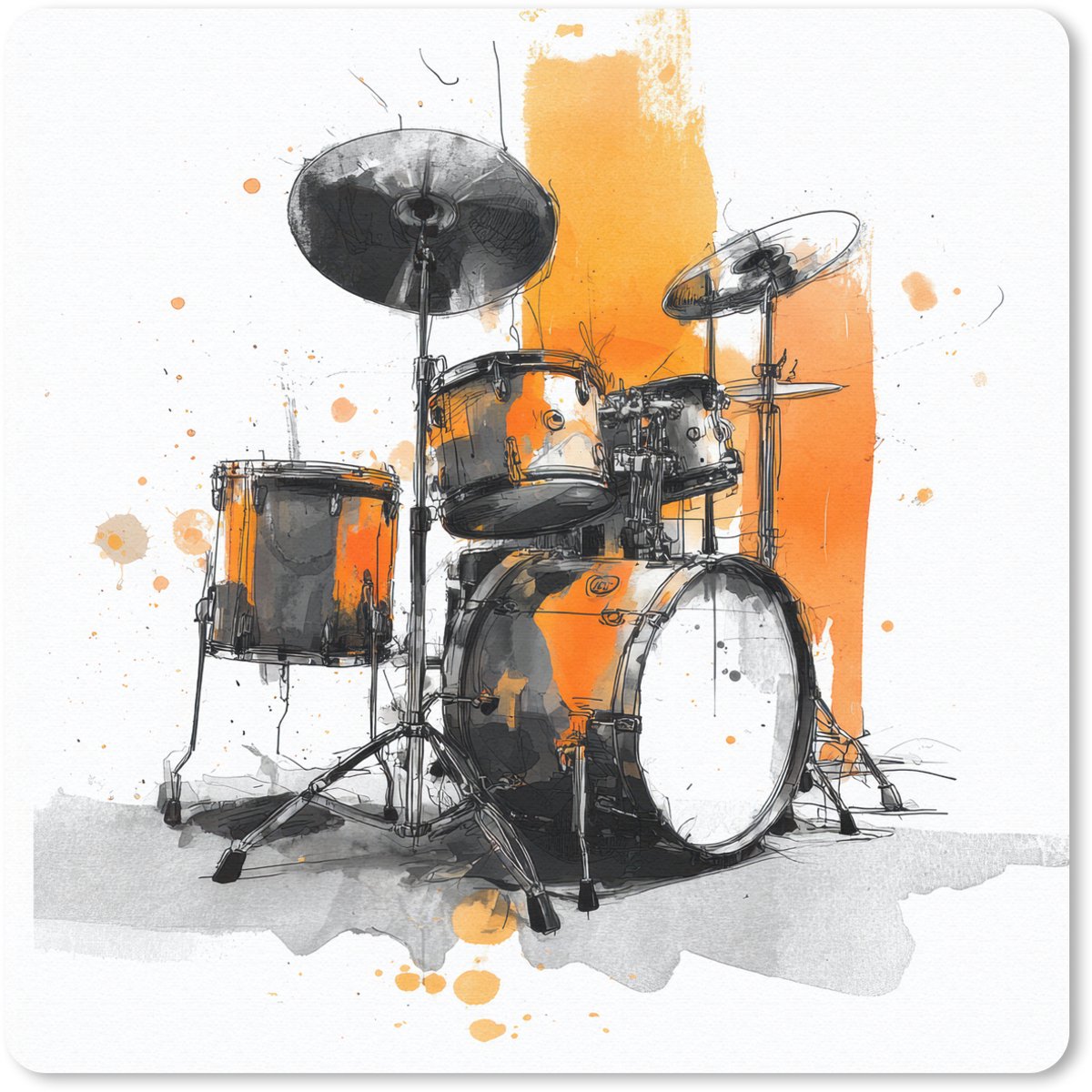 Muismat 30x30 cm - Mousepad Drumstel - Oranje - Zwart - Aquarelverf - Muismatten