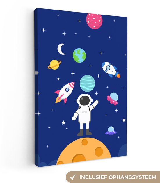 Canvas schilderij 80x120 cm - Wanddecoratie kinderkamer Ruimte - Astronaut - Raket - Blauw - Muurdecoratie babykamer - Kamer decoratie voor jongens en meisjes - Baby accessoires - Schilderijen
