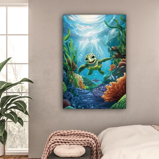 Peinture sur toile 80x120 cm - Décoration murale chambre enfant Tortue - Animaux aquatiques marins - Sous-marin - Algues - Décoration murale murale chambre bébé - Décoration chambre garçon et fille - Accessoires Bébé - Peintures