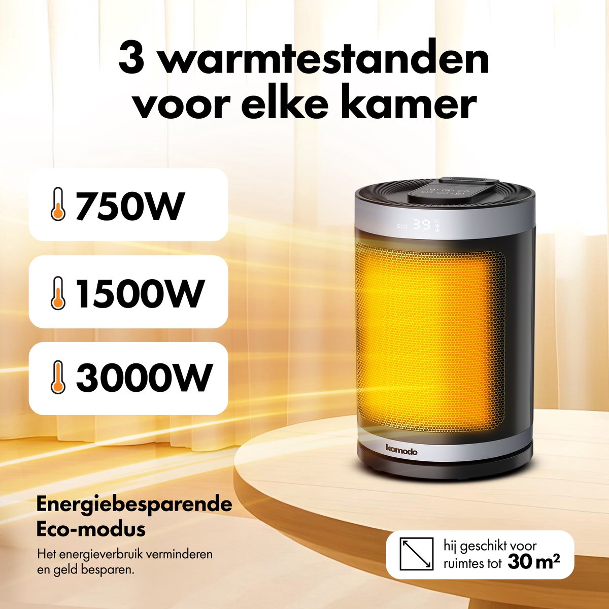 Elektrische Kachel 1500W - Keramische Ventilatorkachel - Heater - Afstandsbediening en Timerfunctie - 70° Draaifunctie - Komodo – foto 6