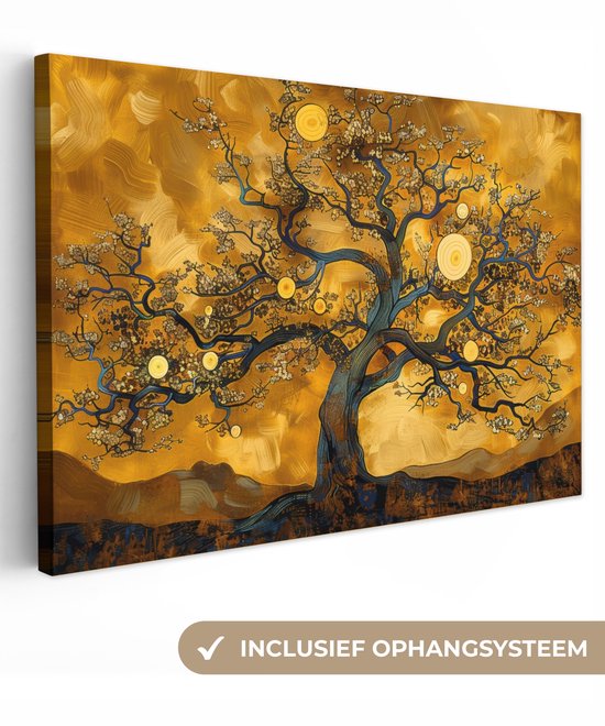 Canvas schilderij 120x80 cm - Wanddecoratie Boom - Levensboom - Abstract - Goud - Muurdecoratie woonkamer - Slaapkamer decoratie - Kamer accessoires - Schilderijen op canvas