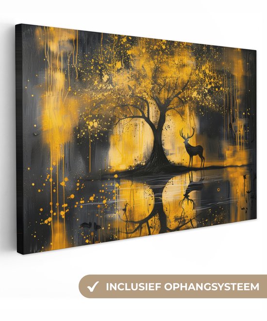 Canvas schilderij 120x80 cm - Wanddecoratie Boom - Verflook - Hert - Natuur - Goud - Muurdecoratie woonkamer - Slaapkamer decoratie - Kamer accessoires - Schilderijen op canvas