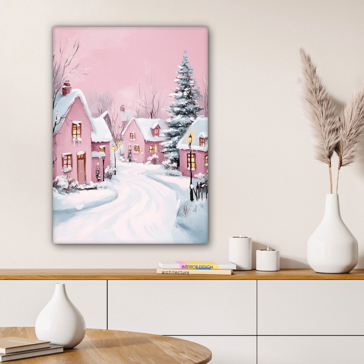 Canvas schilderij 60x80 cm - Wanddecoratie Kerstdorp - Roze - Winter - Sneeuw - Huizen - Muurdecoratie woonkamer - Slaapkamer decoratie - Kamer accessoires - Schilderijen op canvas - Kerstdecoratie voor binnen - Kerstversiering - Kerstmis versiering – foto 2