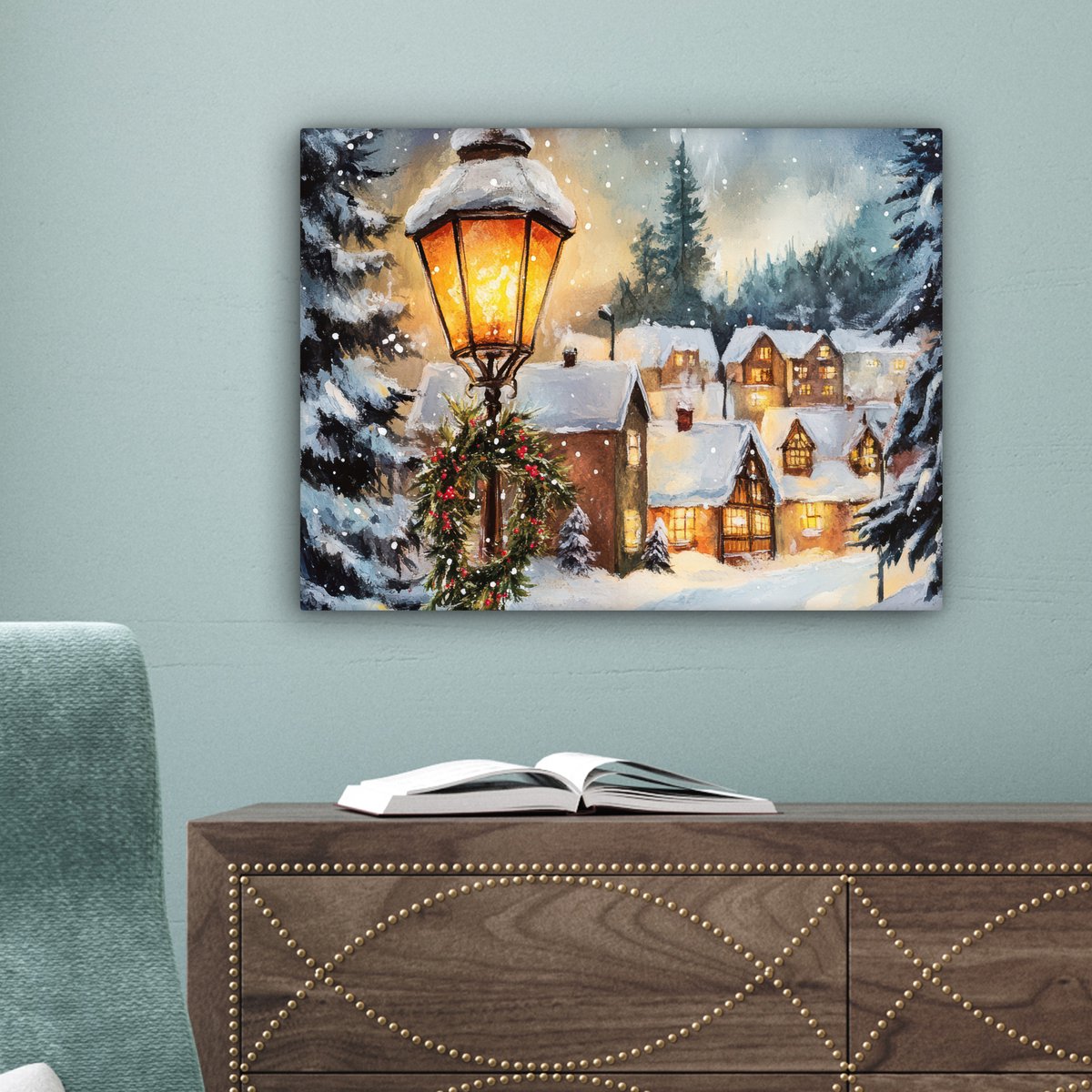 Canvas schilderij 40x30 cm - Wanddecoratie Kerstdorp - Huizen - Sneeuw - Kerst - Muurdecoratie woonkamer - Slaapkamer decoratie - Kamer accessoires - Schilderijen op canvas - Kerstdecoratie voor binnen - Kerstversiering - Kerstmis versiering – foto 3