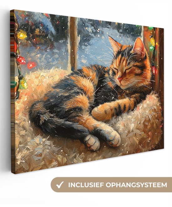 Canvas schilderij 80x60 cm - Wanddecoratie Kat - Kerst - Winter - Dier - Muurdecoratie woonkamer - Slaapkamer decoratie - Kamer accessoires - Schilderijen op canvas - Kerstdecoratie voor binnen - Kerstversiering - Kerstmis versiering