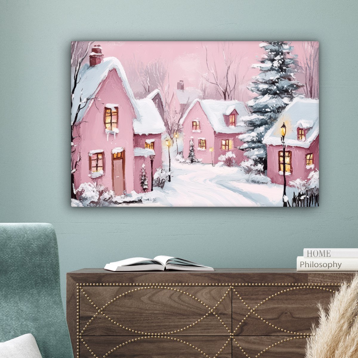 Canvas schilderij 90x60 cm - Wanddecoratie Kerstdorp - Roze - Winter - Sneeuw - Huizen - Muurdecoratie woonkamer - Slaapkamer decoratie - Kamer accessoires - Schilderijen op canvas - Kerstdecoratie voor binnen - Kerstversiering - Kerstmis versiering – foto 3