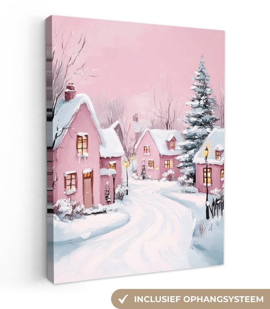 Canvas schilderij 30x40 cm - Wanddecoratie Kerstdorp - Roze - Winter - Sneeuw - Huizen - Muurdecoratie woonkamer - Slaapkamer decoratie - Kamer accessoires - Schilderijen op canvas - Kerstdecoratie voor binnen - Kerstversiering - Kerstmis versiering