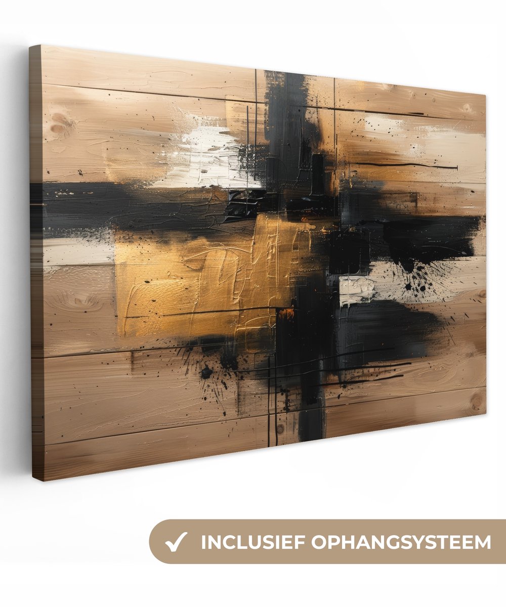 Canvas schilderij 150x100 cm - Wanddecoratie Modern - Zwart - Goud - Verf - Muurdecoratie 