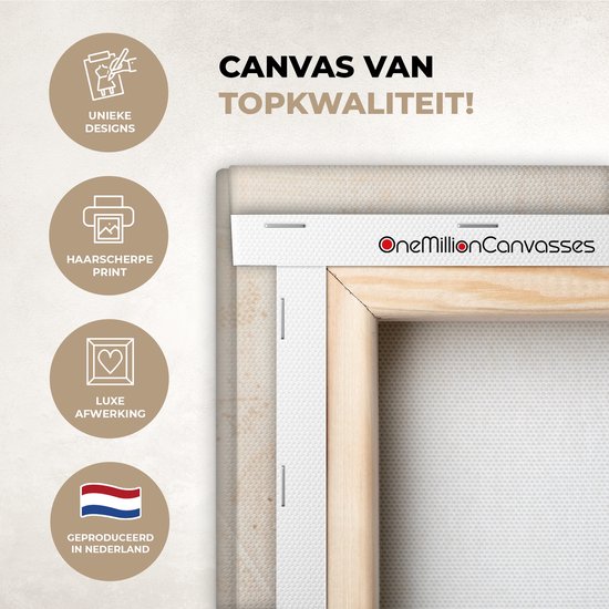 Close-up van een canvas met 'Unieke Designs', 'Haarscherpe Print', 'Luxe Afwerking' en 'Geproduceerd in Nederland'.