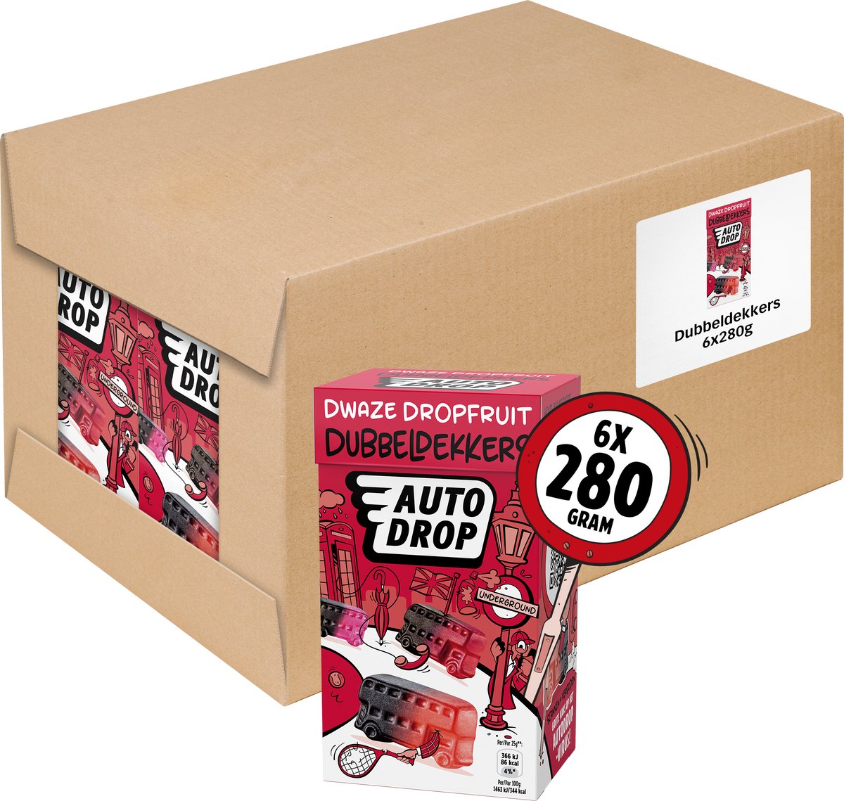 Autodrop - Snoep - Dwaze Dropfruit Dubbeldekkers - 6 doosjes - 280 gram