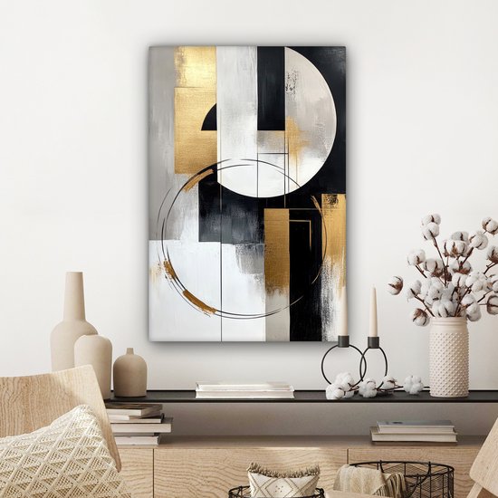 Canvas schilderij 60x90 cm - Wanddecoratie Abstract - Goud - Zilver - Vormen - Aesthetic - Muurdecoratie woonkamer - Slaapkamer decoratie - Kamer accessoires - Schilderijen op canvas