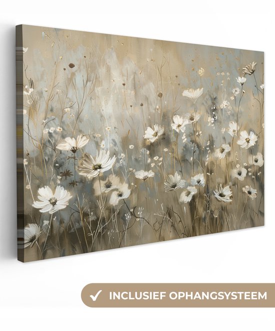 Canvas schilderij 90x60 cm - Wanddecoratie Bloemen - Wit - Natuur - Grijs - Modern - Muurdecoratie woonkamer - Slaapkamer decoratie - Kamer accessoires - Schilderijen op canvas