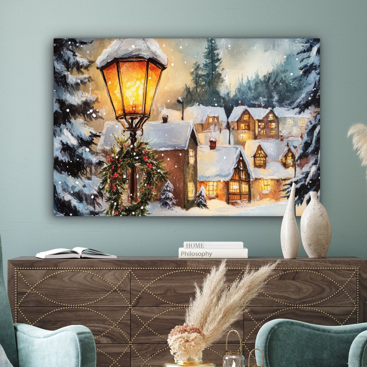 Canvas schilderij 120x80 cm - Wanddecoratie Kerstdorp - Huizen - Sneeuw - Kerst - Muurdecoratie woonkamer - Slaapkamer decoratie - Kamer accessoires - Schilderijen op canvas - Kerstdecoratie voor binnen - Kerstversiering - Kerstmis versiering – foto 3