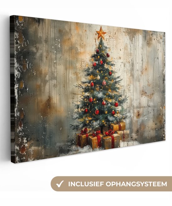 Canvas schilderij 120x80 cm - Wanddecoratie Kerstboom - Vintage - Kerst - Cadeau - Muurdecoratie woonkamer - Slaapkamer decoratie - Kamer accessoires - Schilderijen op canvas - Kerstdecoratie voor binnen - Kerstversiering - Kerstmis versiering