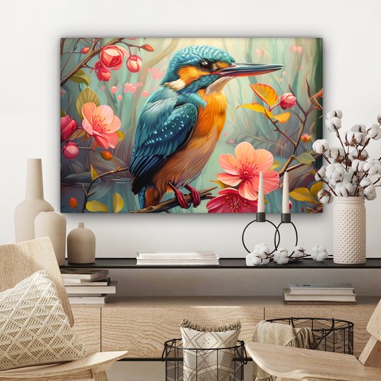 Peinture sur toile 60x40 cm - Décoration murale Martin-pêcheur - Fleur - Nature - Vogels - Fleurs - Décoration murale murale salon - Décoration chambre - Accessoires de chambre - Peintures