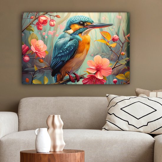 Peinture sur toile 60x40 cm - Décoration murale Martin-pêcheur - Fleur - Nature - Vogels - Fleurs - Décoration murale murale salon - Décoration chambre - Accessoires de chambre - Peintures