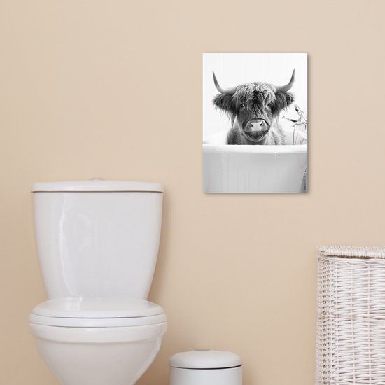 Peinture sur toile 30x40 cm - Décoration murale salle de bain Highlander écossais - Vache - Bain - Zwart et blanc - Décoration murale murale WC - Accessoires décoratifs - Décoration murale Toilettes - Peintures sur toile