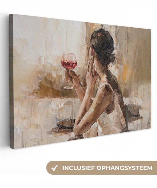 Een olieverfschilderij met een vrouw met donker haar die een glas rode wijn vasthoudt. Er staat 'Inclusief ophangsysteem' onder.