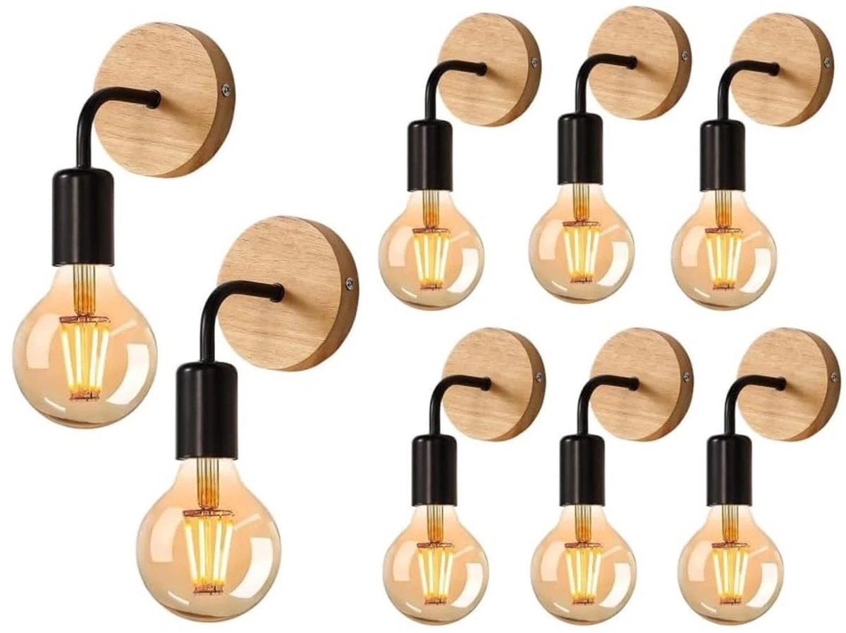 8-delige Set Wandlampen – Hout & Gebogen IJzeren - Draaibaar - E27 Fitting – Lamp Voor Slaapkamer & Hal - 8 Stuks