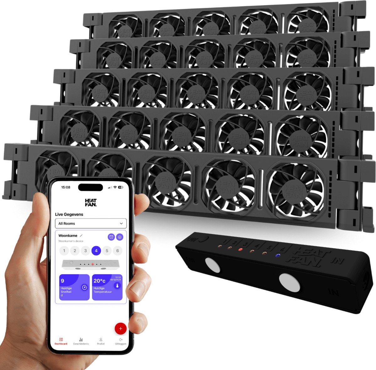 Heatfan 5 - Cinco set - Zwart - Radiator Ventilator – met WIFI Controller – Energiezuinige Radiator Fan voor Verwarming – Geschikt voor radiatoren vanaf 310 cm