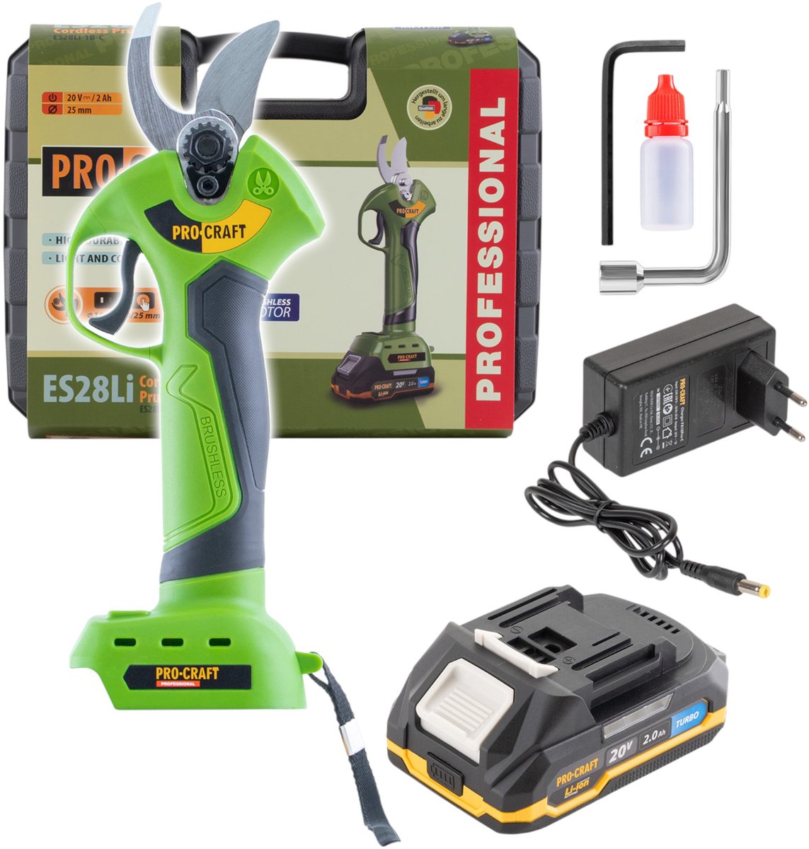 Procraft ES28Li accu takkenschaar 20 V borstelloos + 1x accu 2,0 Ah + lader + koffer