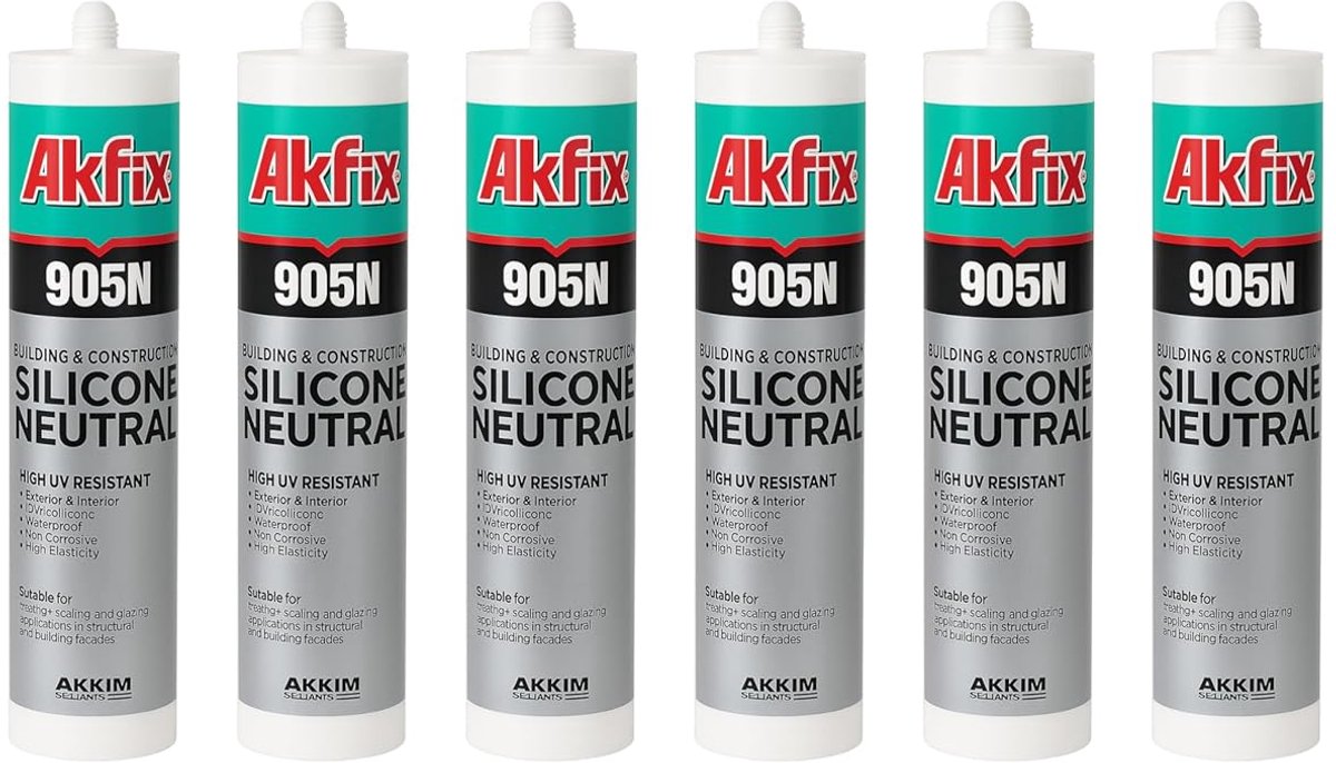 AKFIX 905N x 6 Stuks ,Neutrale siliconenkit transparant – UV-bestendig, schimmelwerend, waterdicht – afdichtmiddel voor badkamer, keuken, ramen en bouwtoepassingen – 310 ml