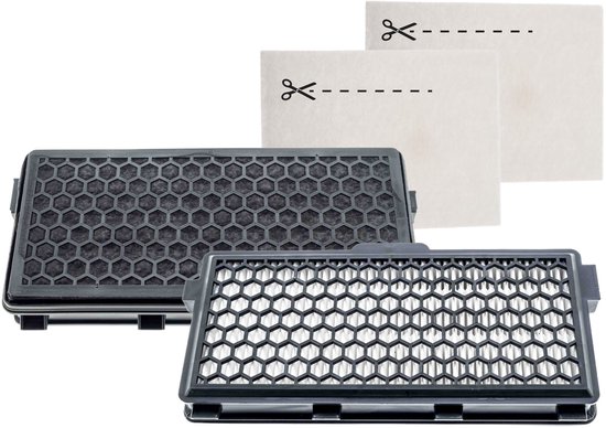 Twee vacuümfilters met honingraatpatroon en twee uit te knippen motorfilters.
