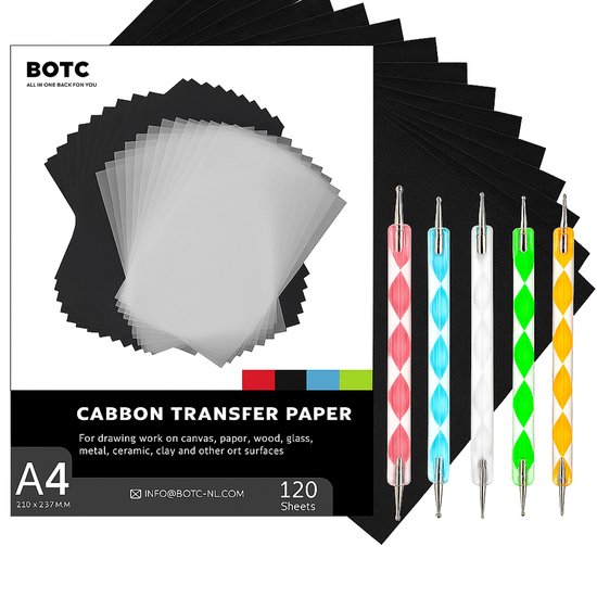 BOTC A4 Carbonpapier - 120 stuks - met 5 Overtrekpennen - Zwart - Carbonpapier voor Hobby en Tekenen / op hout