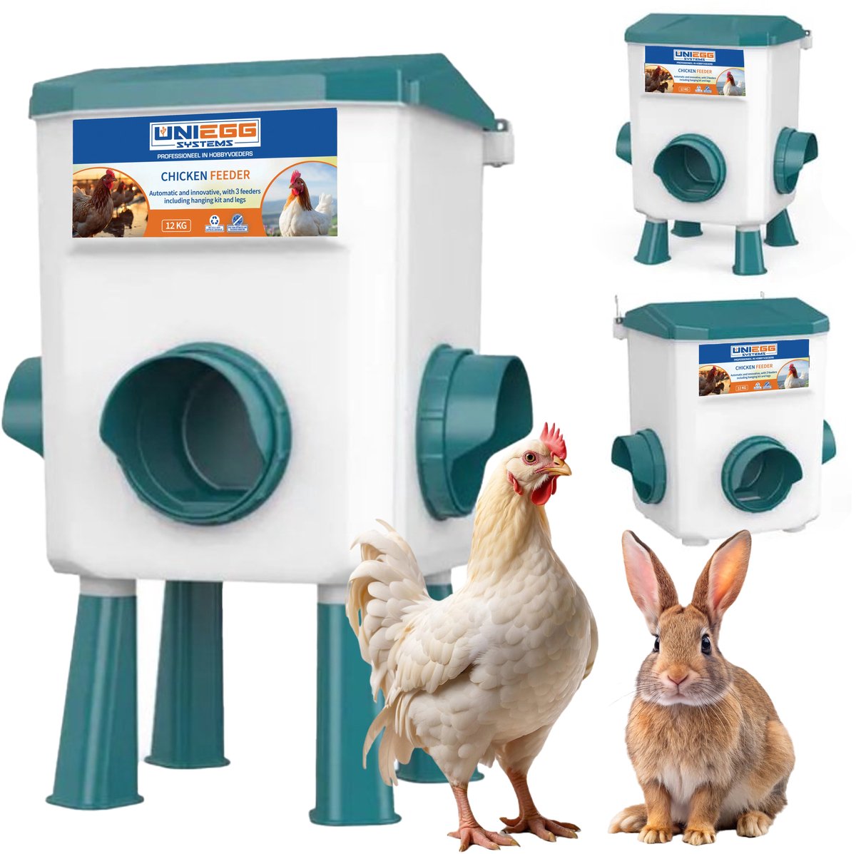 UniEgg® XL Feeder - 12 KG (Groen) - automatisch en innovatief 3 feeders, inclusief ophangset en poten - voerbak kip en ander pluimvee of gevogelte