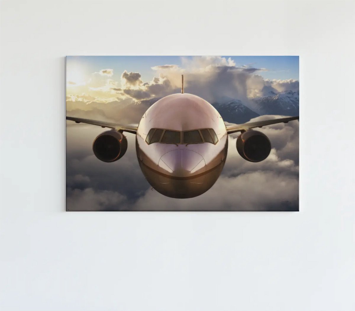 Trendex Global Canvas Schilderij – Vliegtuig Boven de Wolken – Moderne Wanddecoratie - 60x40x2 cm Bruin