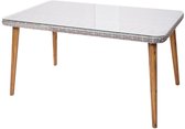 Poly-rattan eettafel MCW-H65, tuin/lounge tafel, staal + acacia halfronde poly-rattan MVG 150x90cm ~ grijs