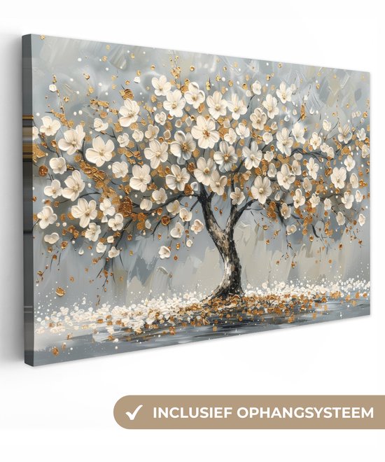 Canvas schilderij met een abstracte boom vol witte bloesems en gouden accenten, op een grijze achtergrond.