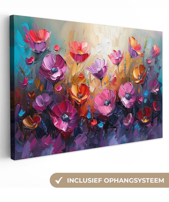 Tableau abstrait aux fleurs violettes, roses et oranges, avec système de suspension inclus.