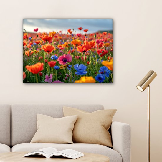 Canvas Schilderij 80x60 cm - Bloemen - Klaprozen - Kleurrijk - Natuur - Wanddecoratie woonkamer - Muurdecoratie keuken - Slaapkamer decoratie - Schilderijen - Woonaccessoires