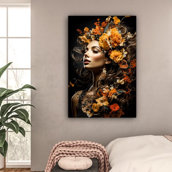 Peinture sur toile 80x120 cm - Femme fleurs - Accessoires de décoration de chambre - Peintures portrait salon - Décoration murale chambre - Décoration murale cuisine - Toile murale intérieur - Décoration maison