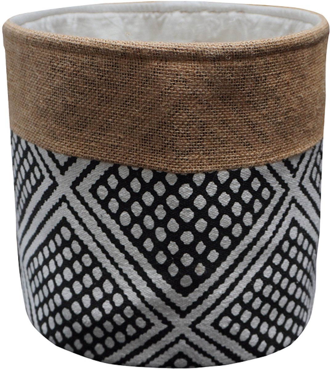 Urbane Hide | Opbergmand | Decoratieve Mand met Geometrisch Diamantpatroon | Plantenmand | Bruin, Zwart en Wit | Katoen & Jute | Ø30xH25 cm