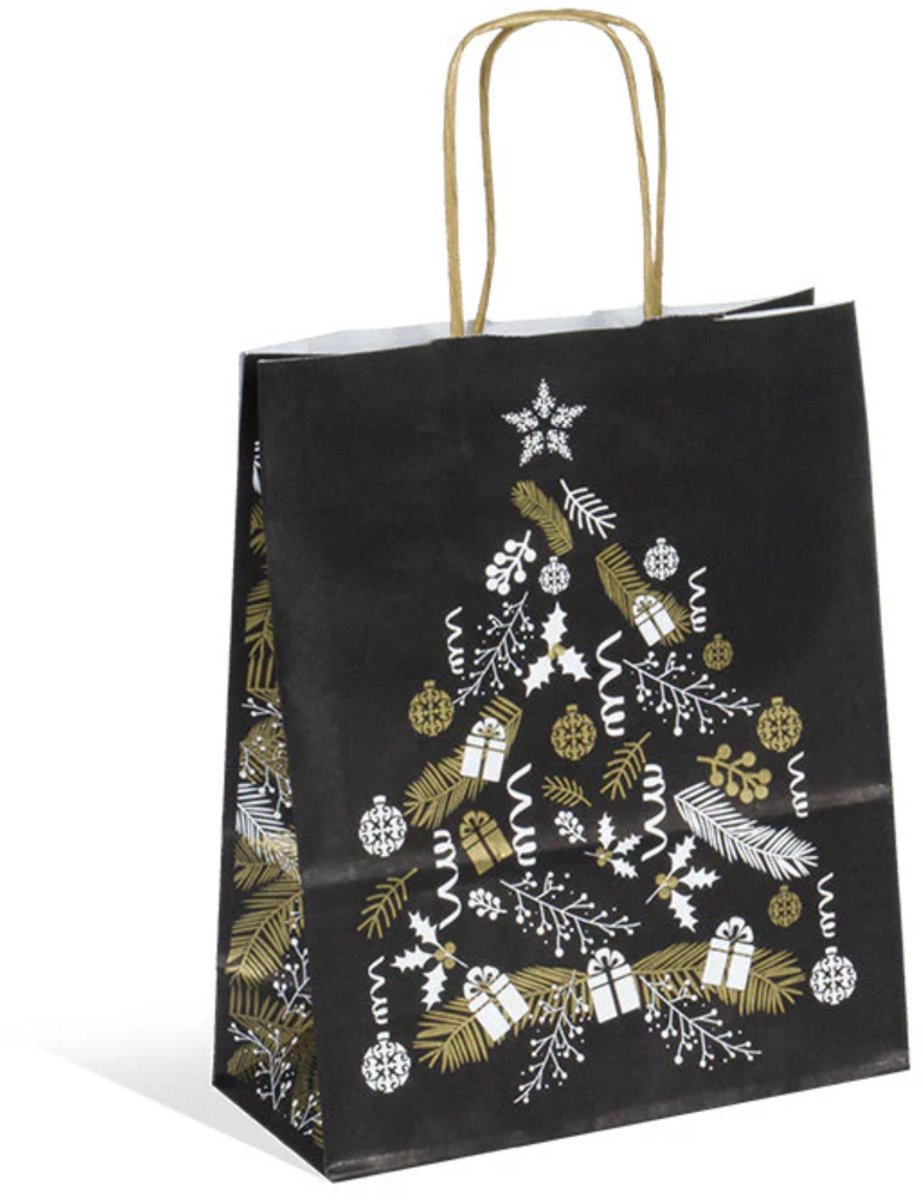 25 x Kerst draagtassen van kraftpapier gedraaide handvaten " Kerstboom" 18x8x22cm / papieren Kersttassen /Kersttasjes / Kerst verpakking