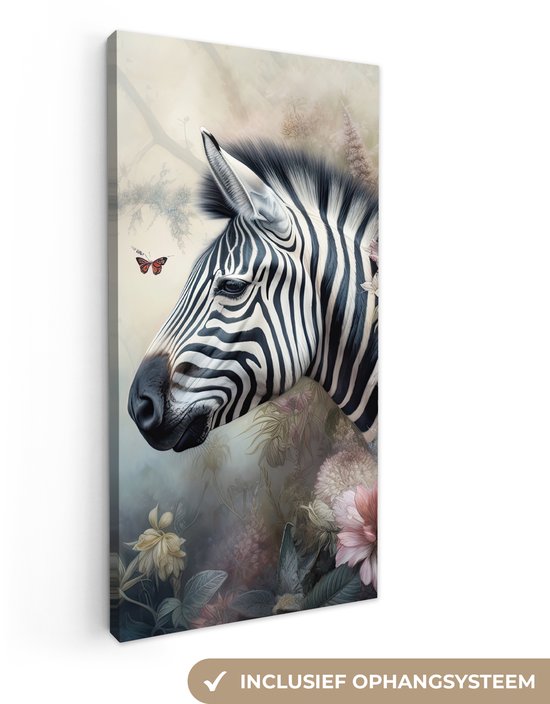 Tableau sur toile Zebra - Animaux sauvages - Papillon - Fleurs - 20x40 cm - Décoration murale
