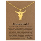 Stainless Steel Stier Schedel Ketting op Cadeau Kaartje Goudkleurig - 45cm + 5cm Verstelbaar Roestvrij Staal - Schattige Cadeau Hanger - Pax Amare