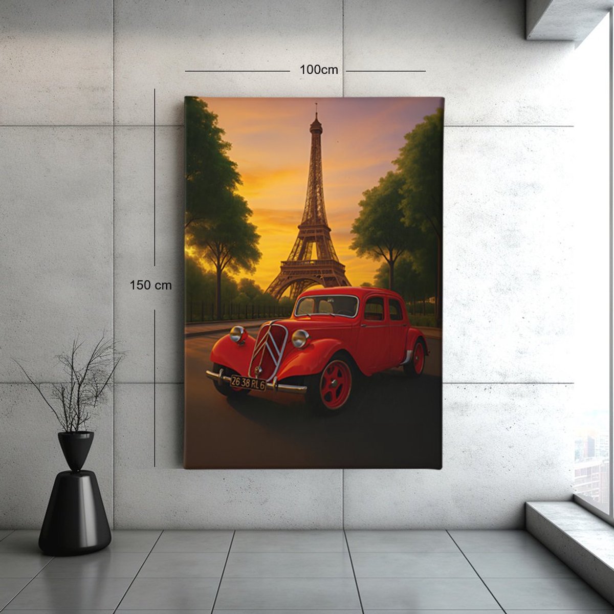 Canvas Schilderij - Rode Oldtimer bij Eiffeltoren - 60x40x2 cm