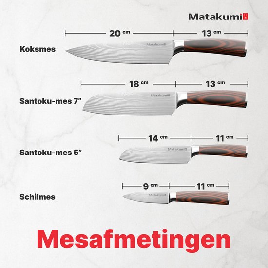 Afmetingen van de Matakumi messenset: koksmes 20 cm, santoku-mes 7" 18 cm, santoku-mes 5" 14 cm, schilmes 9 cm. Allen met 13 cm handvat.