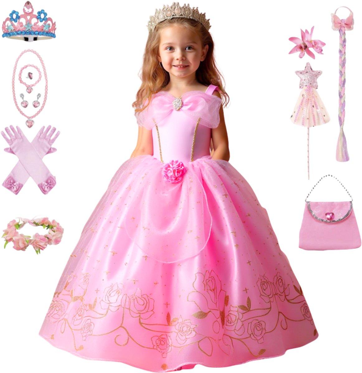 Joya Kids® Luxe Prinsessenjurk Lichtroze voor kinderen | Jurk met Glans & Tule | 11-delige Verkleedset met Accessoires | Verkleedjurk Meisje Tule Rok | Halloween kostuum | Carnaval kleding | Prinses kostuum Jurk | Maat 150