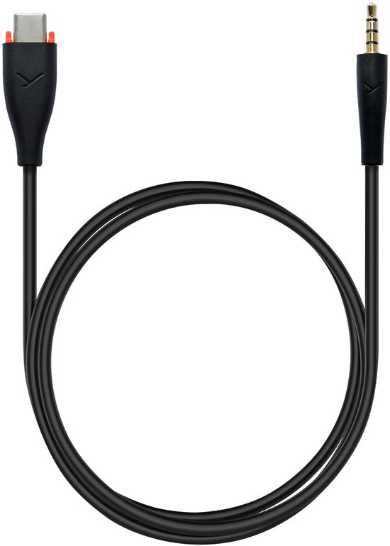 Zwarte kabel met aan de ene kant een USB-C connector en aan de andere kant een 3.5mm jack.