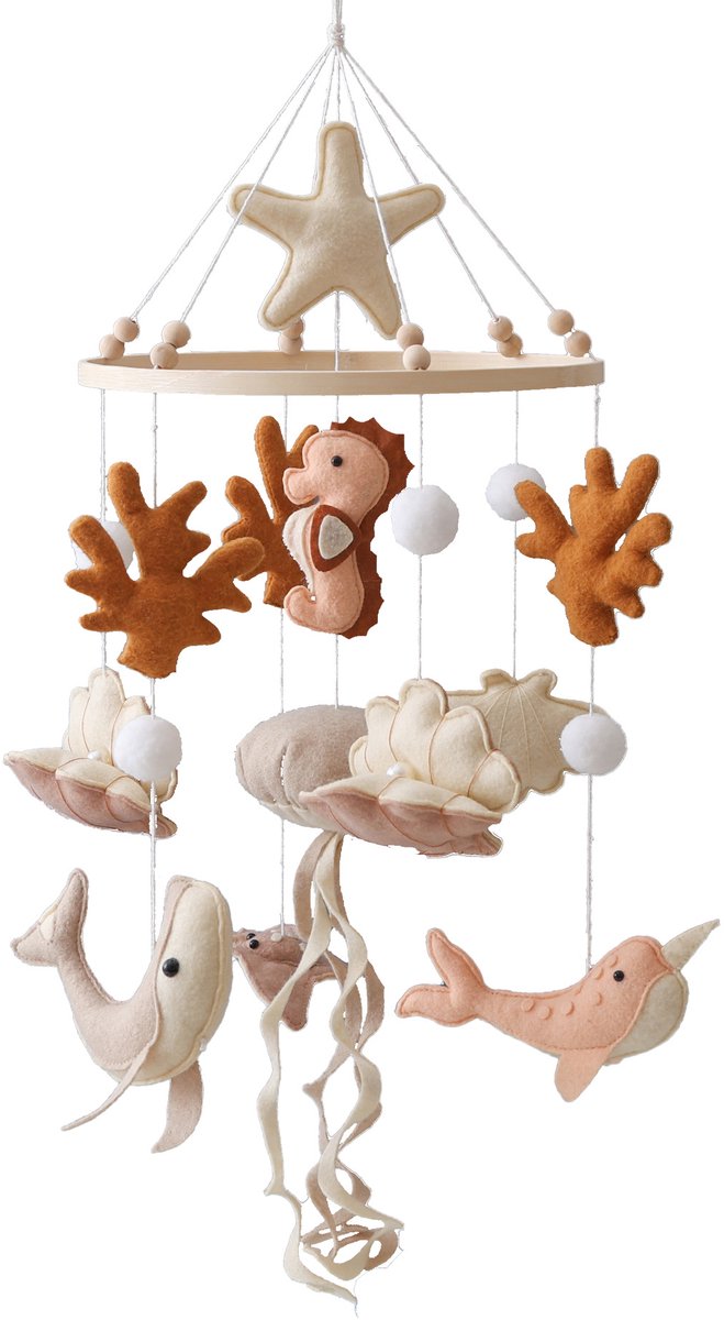 Joymaxx® Baby mobiel Zachte Parelzee - Boxmobiel van vilt en hout - Handgemaakte muziekmobiel baby kamer - Kraamcadeau meisje - Mobiel baby -Babycadeau