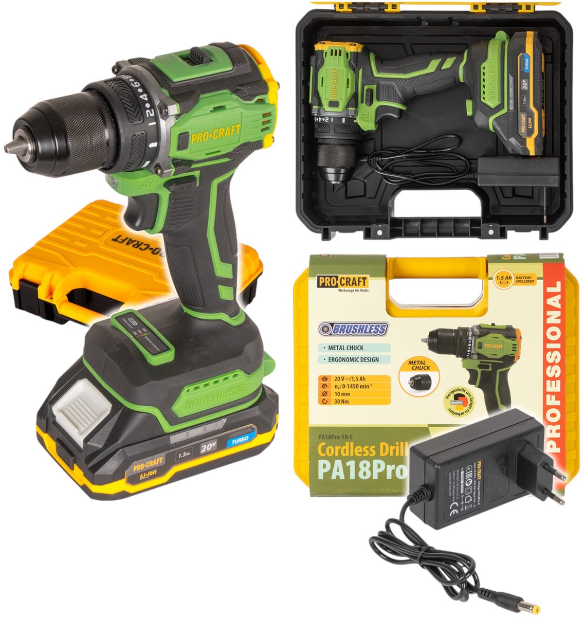 Procraft PA18Pro accuboormachine 20 V 30 Nm borstelloos + 1x accu 1,5 Ah + oplader + koffer