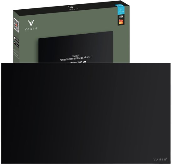 Varin® Smart Design Infrarood verwarmingspaneel - 600W - 100x60cm - Zwart glas - IP24 - Met thermostaat - Wandmontage of verrijdbaar - Elektrische verwarming - Infrarood paneel verplaatsbaar - Kachel - Heater bureau - Terrasverwarmer - Tuya Wifi