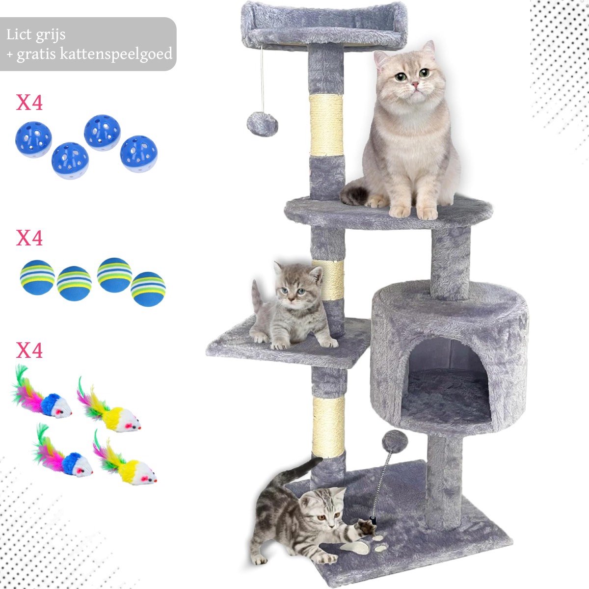 Kattenhuis – Kattenkrabpaal met grot, sisalstammen & speelaccessoires – Katten Speelhuisje – Kattenboom – 112 cm – krabpaal – voor katten – Licht grijs