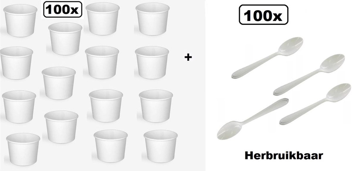 100x Soep beker wit karton 250ml + 100x herbruikbare lepels wit - Soep salade beker festival warme dranken maaltijd carnaval