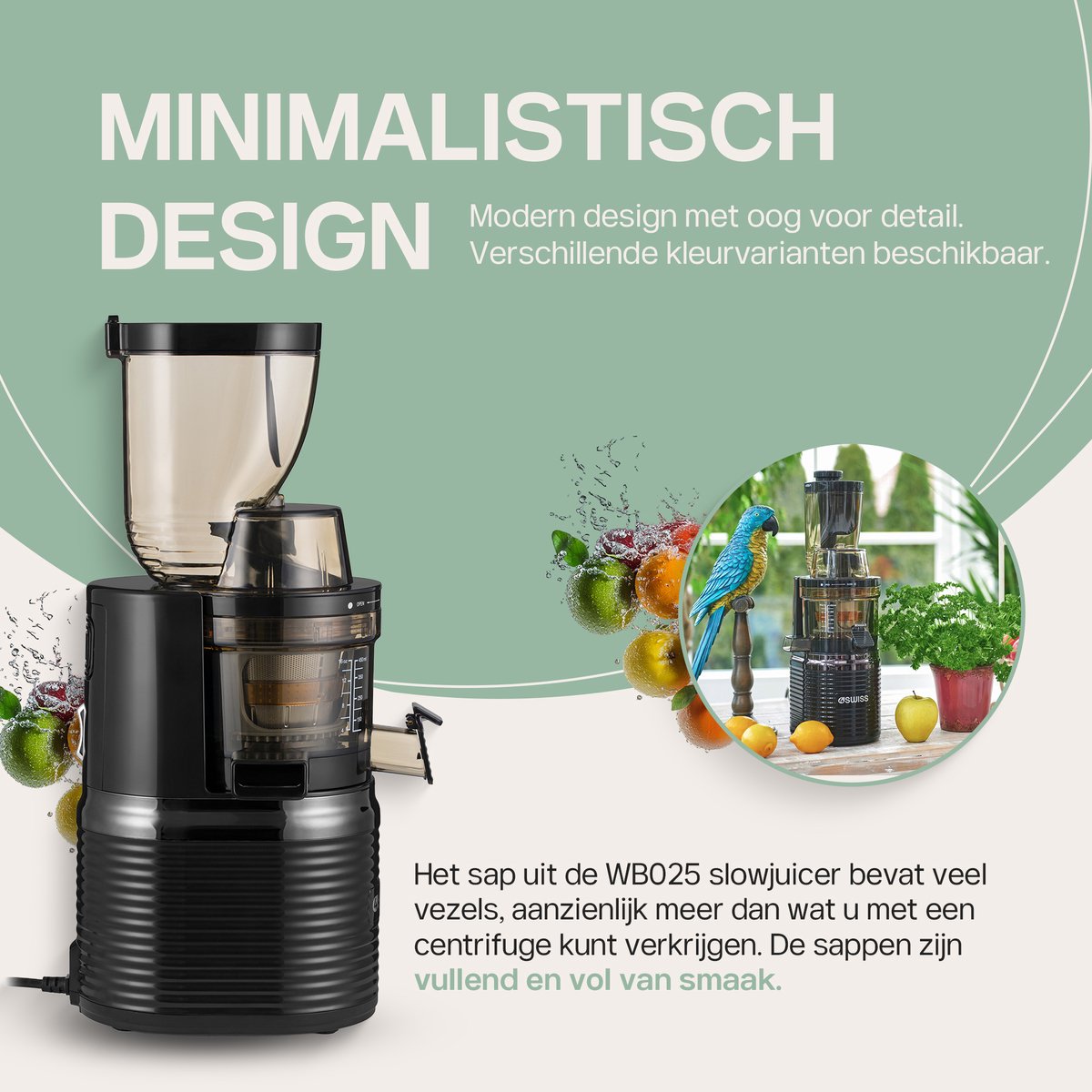 4SWISS Slow Juicer BM202, 200 W, 40 tpm, Reverse-functie, EasyClean, XXL-opening, Zwart thumbnail 2