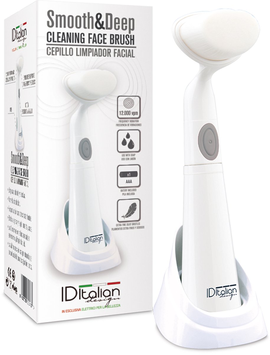 ID Italian IDE02 gezichtsreinigingsborstel Wit AC/Batterij reinigt de gezicht, grondig, vibratie op de huid, gebruik met gezicht reiniger, werkt tegen acne, pigmentatie